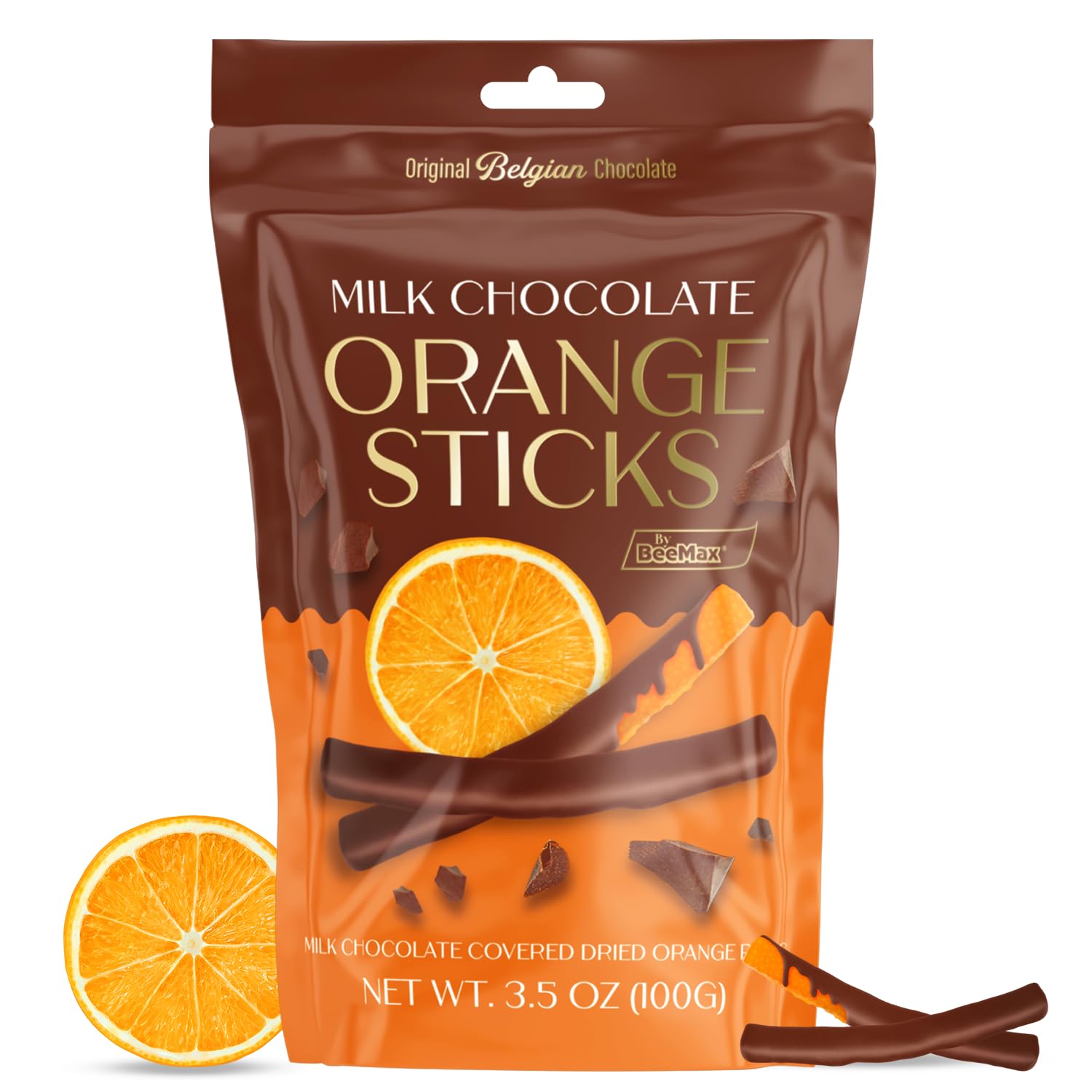 Belgian Chocolate Covered Fruit Sticks - Gourmet Covered Dried Fruit, 3.5 oz Resealable Pouch, Non-GMO, Perfect Treat for Chocolate Lovers (Milk Chocolate, Orange)