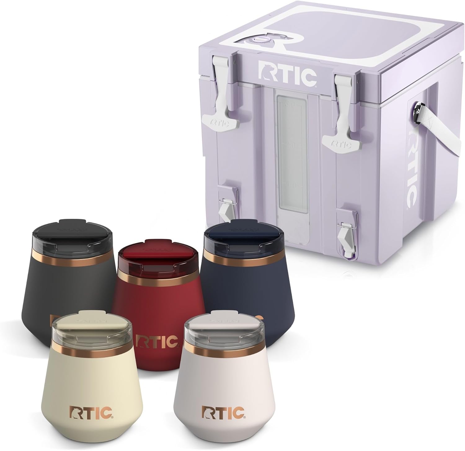 RTIC 3 Gallon Halftime Cooler and 8oz Lowball Tumbler Set of 5 Bundle, Portable Drink Beverage Water Container Dispenser with Spout and Travel Cups for Camping, BBQ, Parties, Dusty Lilac