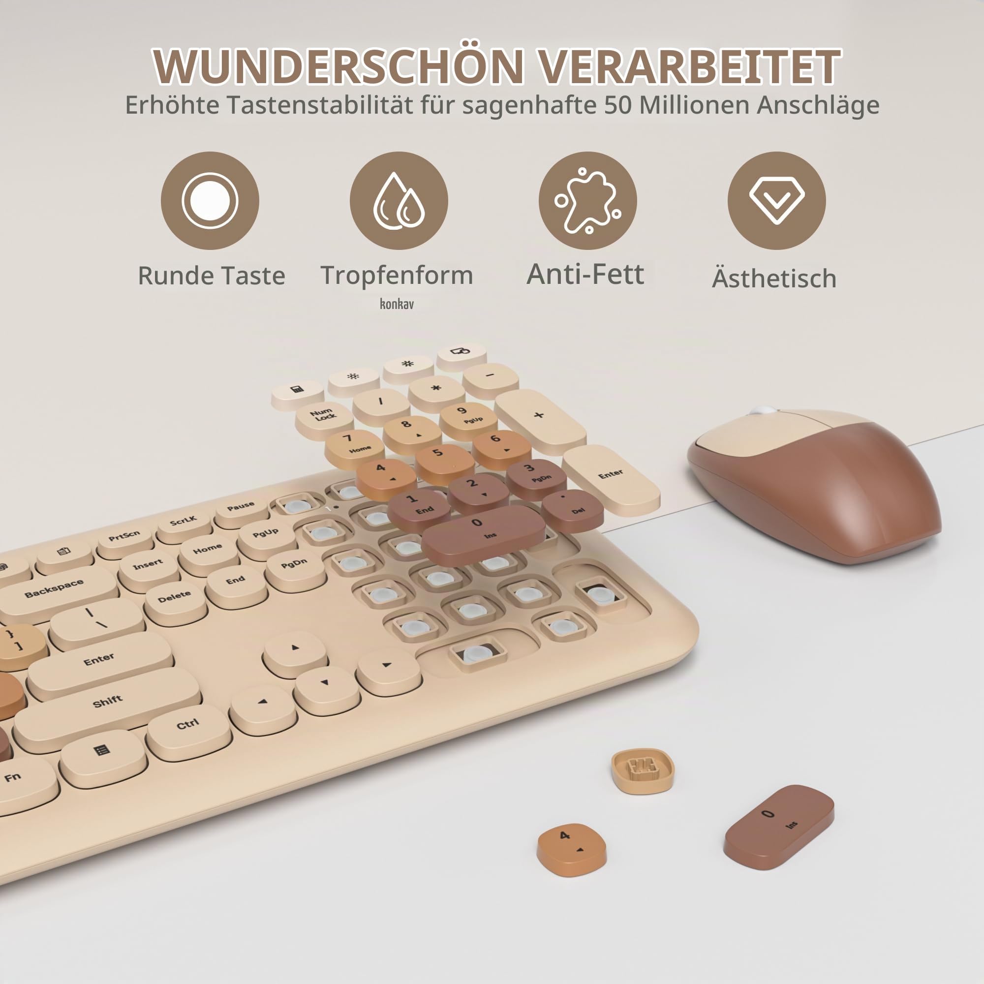 SOLIDEE Buntes kabellose Tastatur und Maus-Kombination,2.4GHz Retro Schreibmaschine Tastatur,104 Tasten in voller mit Ziffernblock,Leise membran Tastatur(Amerikanisch QWERTY)(Coffee)