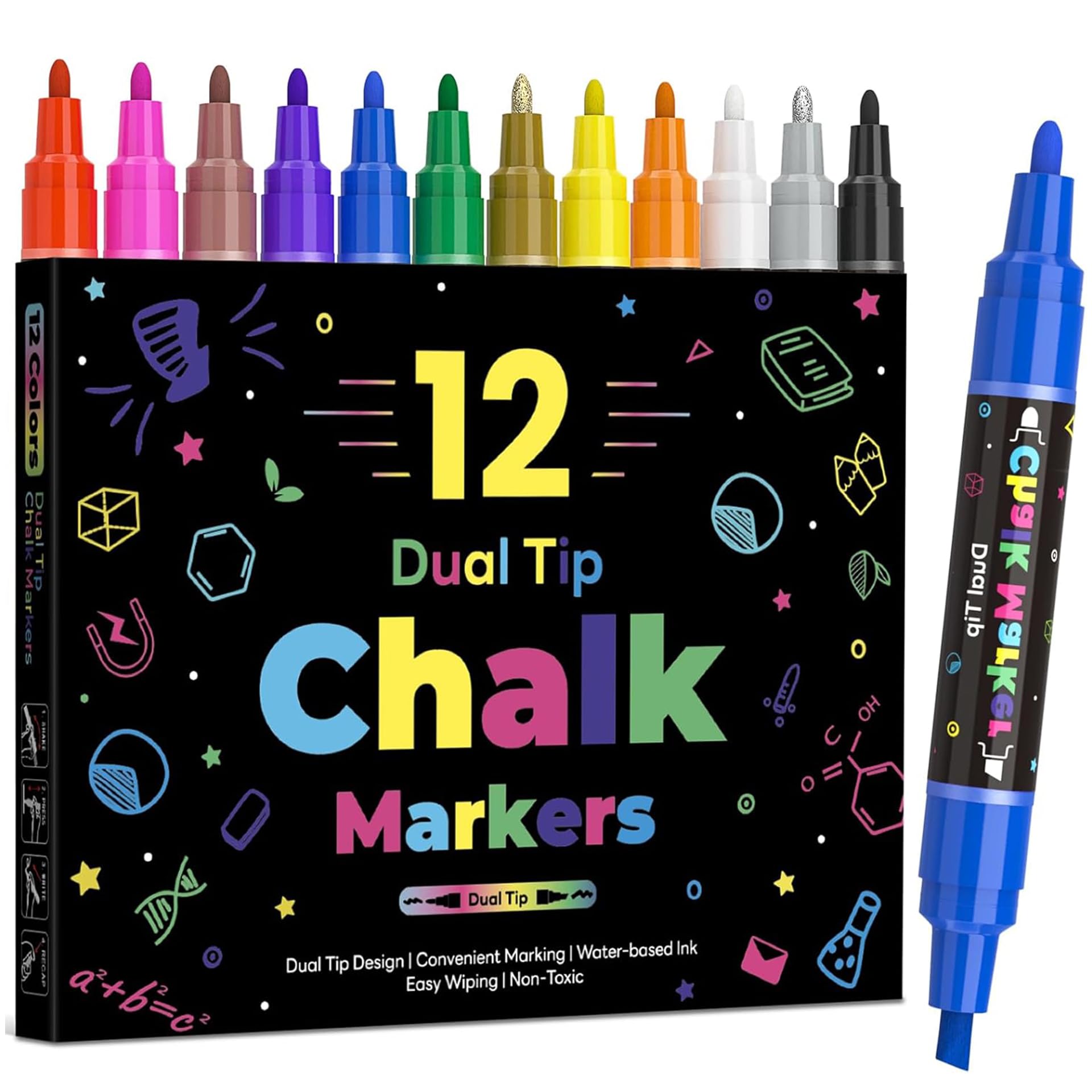 12 Dual Tip Liquid Chalk Markers - Erasable Marker Pens for Blackboard Chalkboard Signs Glass Chalk Pens Wet