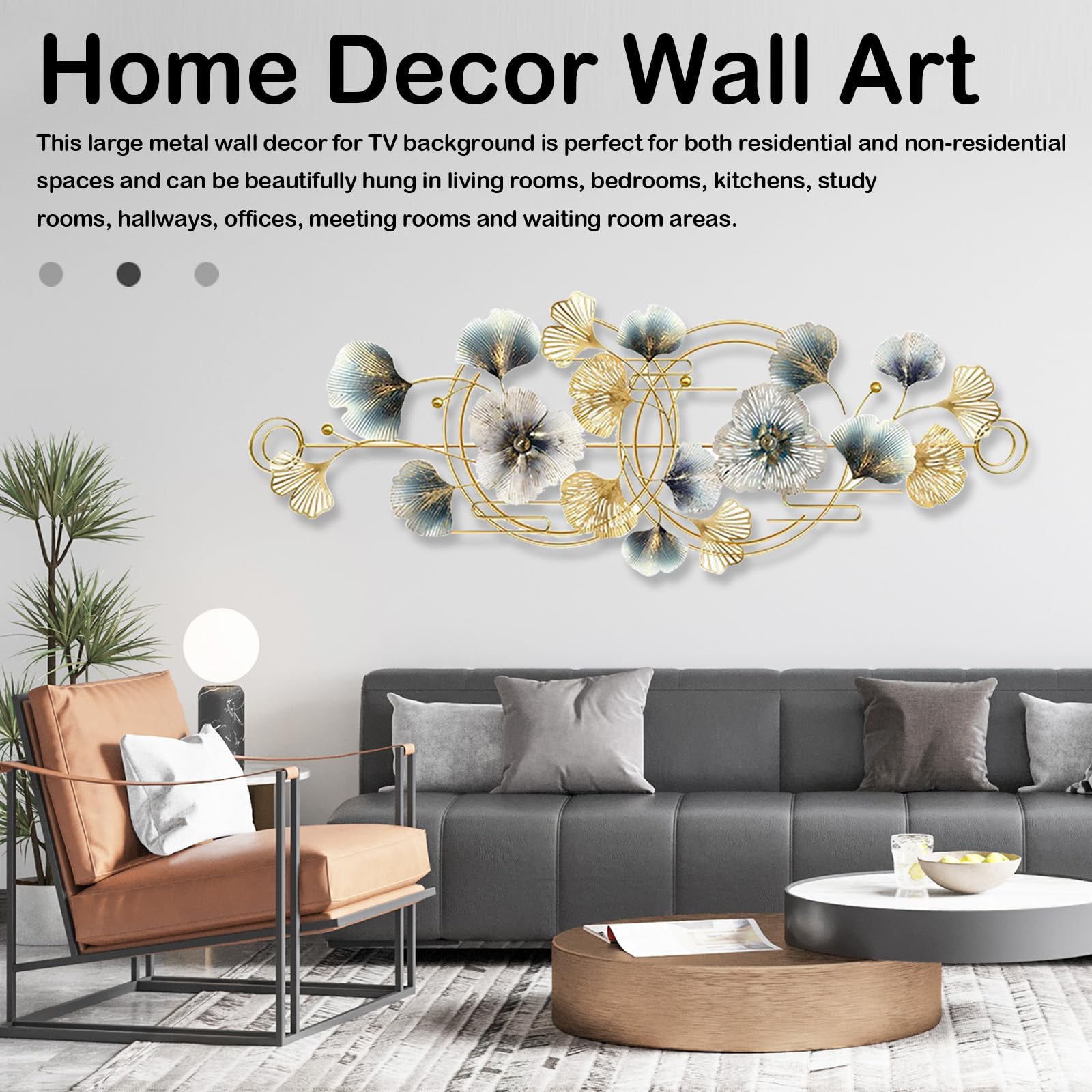 Aisny Decorazione Murale Soggiorno, 127X44cm Decorazione Murale 3D Parete Soggiorno Fiori Sculture Metallo Sospesa Divano Sfondo Ufficio Ornamenti Murali Con 2 Viti