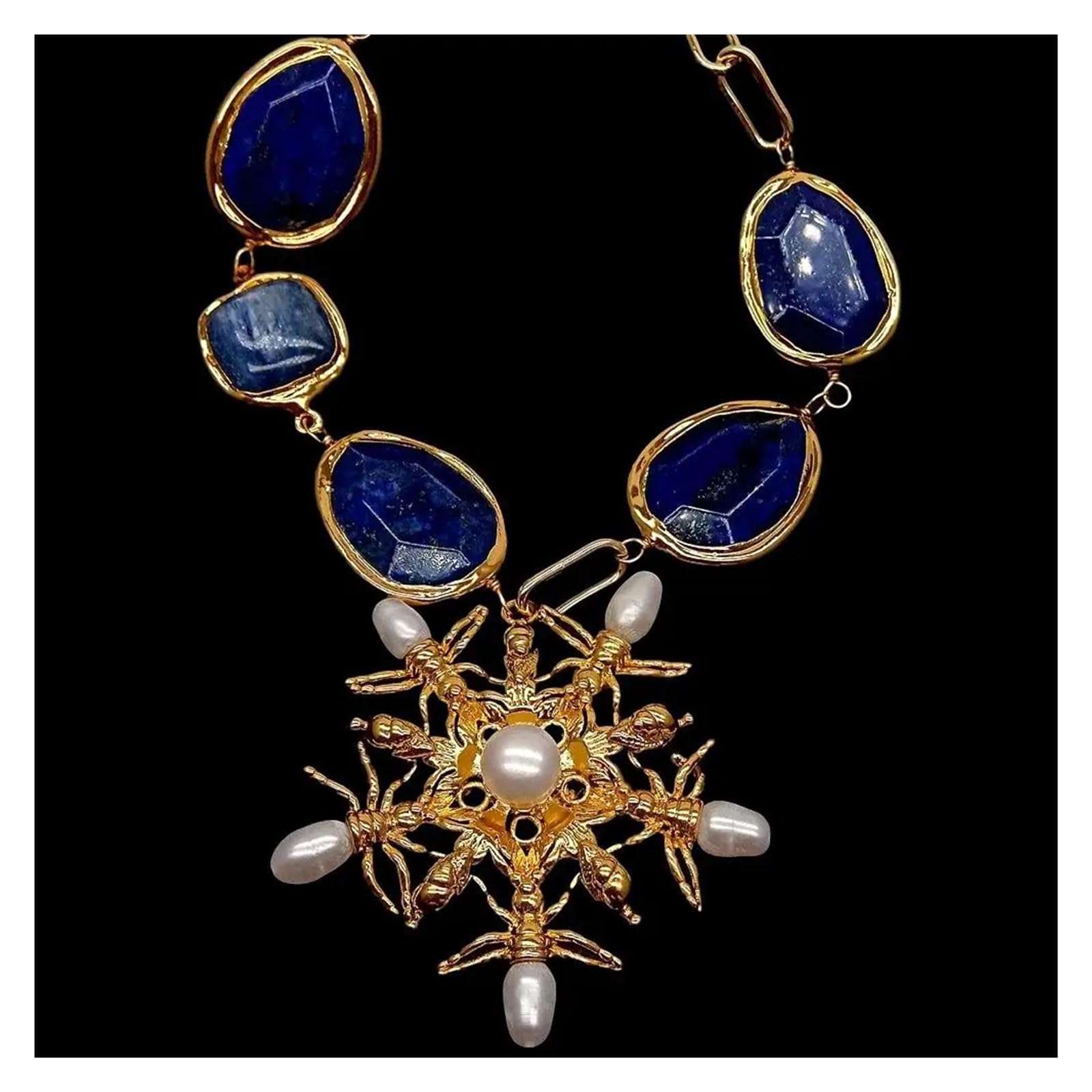 White Pearl animal charm Pendant 21" for women Blue Lapis Kyanite Gold color Plated Edge Chain Necklace