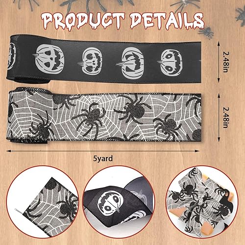 Miniatura 2 de Threetols 2 rollos de cinta de Halloween con borde con cable de 10 yardas, cinta de arpillera de tela de araña negra de 2.5 pulgadas, cinta de