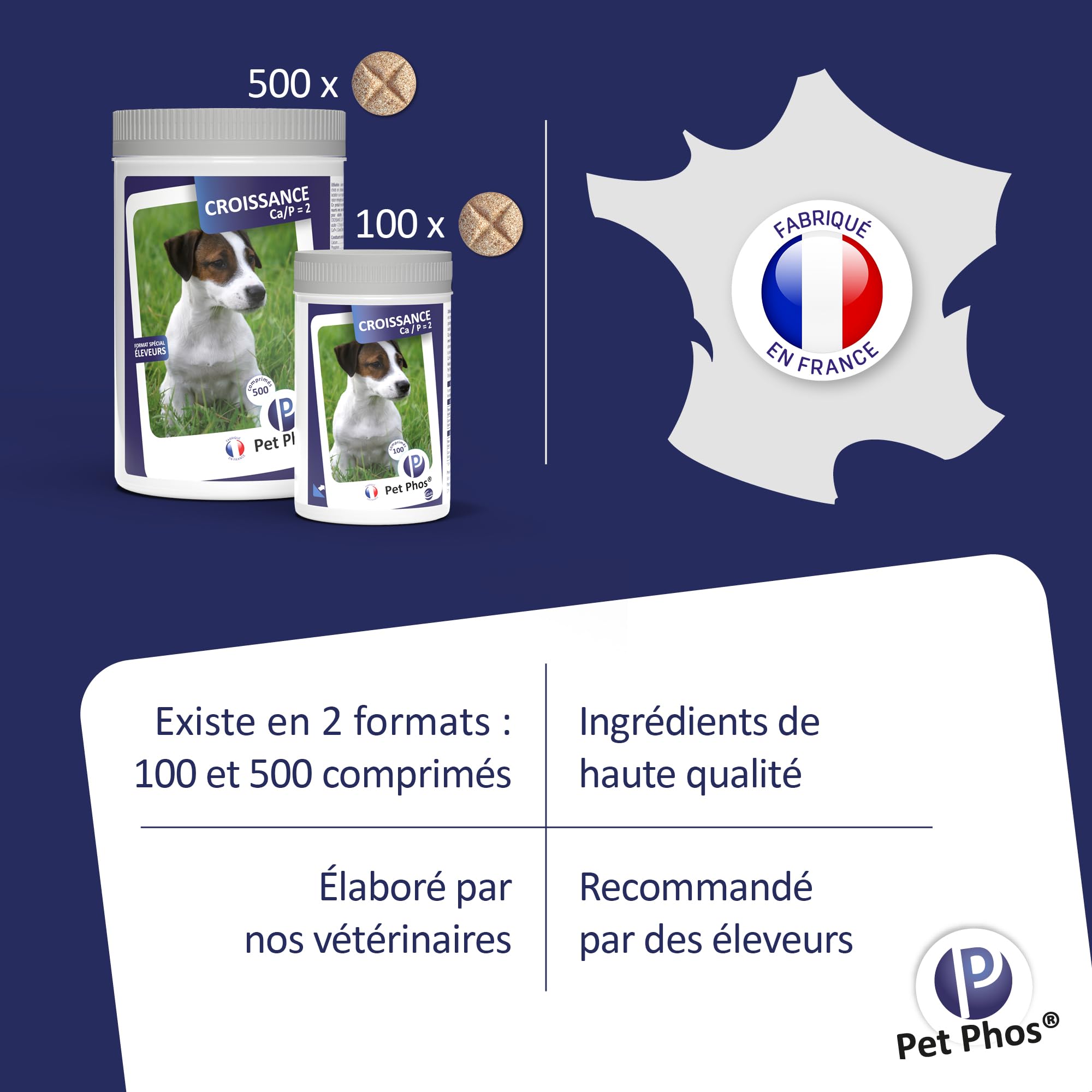 Pet-Phos Canin Croissance Ca/P=2-1 Boite de 100 comprimes complement Croissance