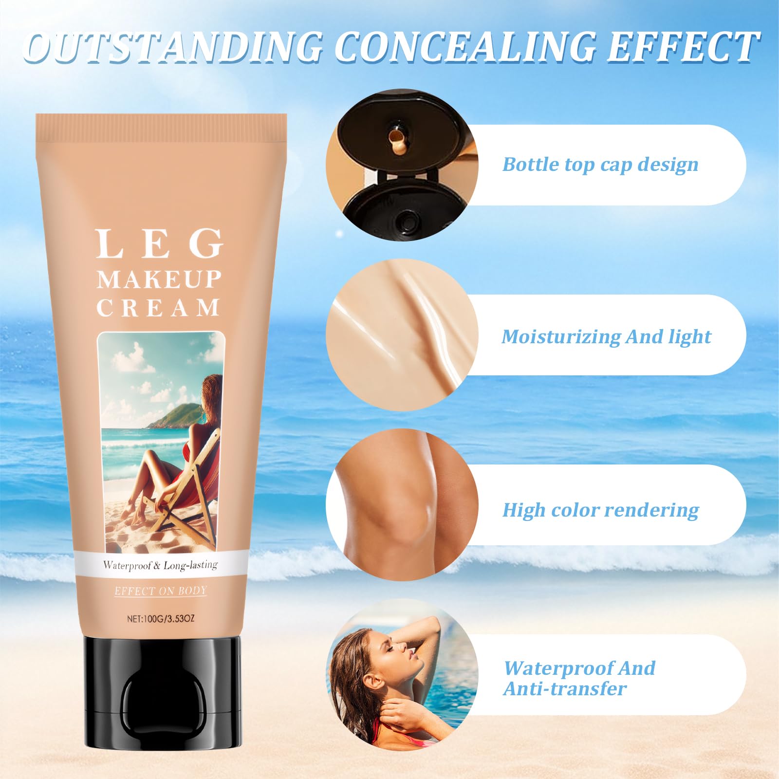 Guegine Leg Makeup to Cover Veins,Leg Makeup Full Coverage Waterproof,Body Concealer Long-Lasting,Light,Easy to Apply,Anti-Fading (Dark Skin Color,100g) - Image 3