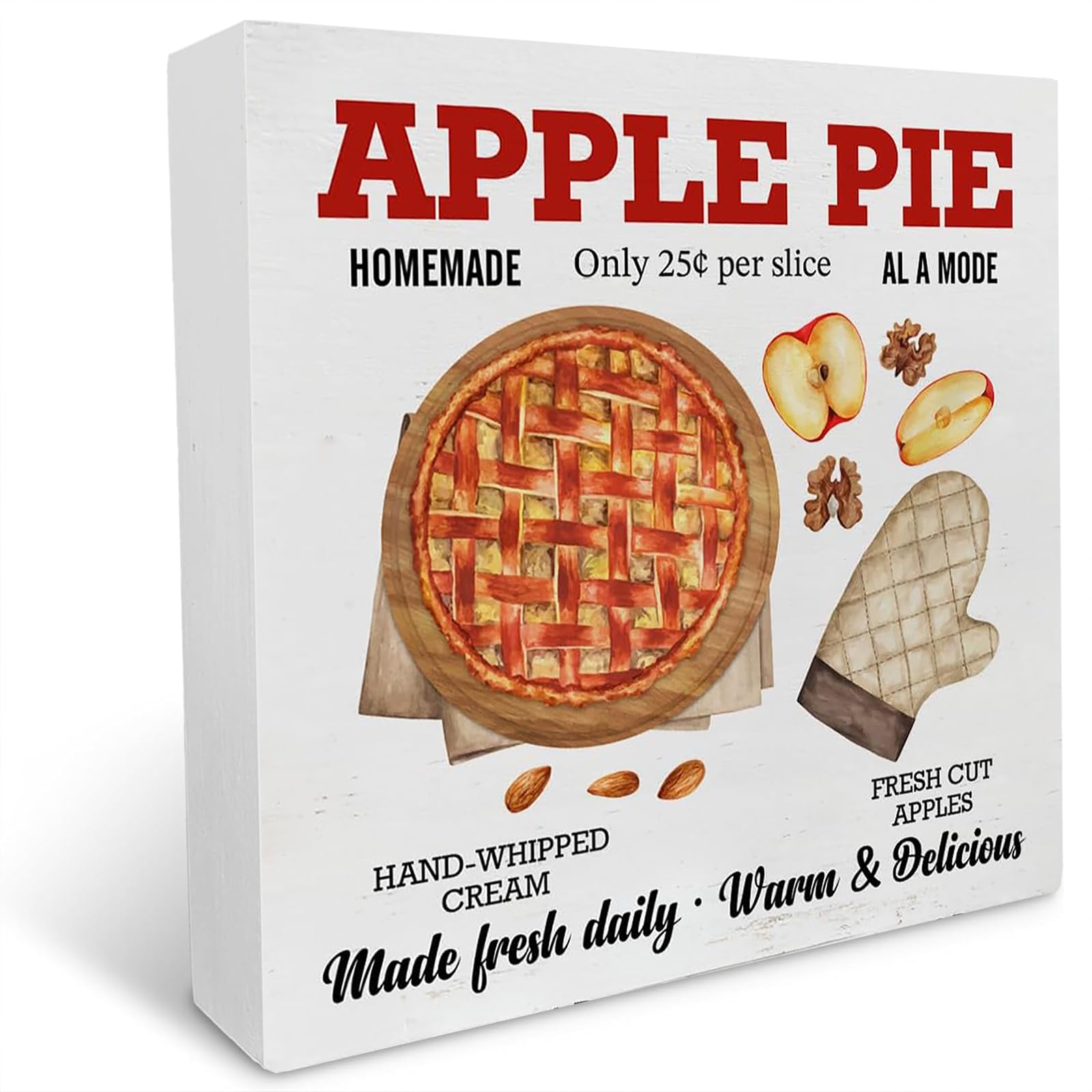 Farmhouse Country Apple Wood Box Sign Art Desk Decor 7x7 Apple Pie Wood Block Sign Decor for Home Kitchen Tabletop Shelf Wall