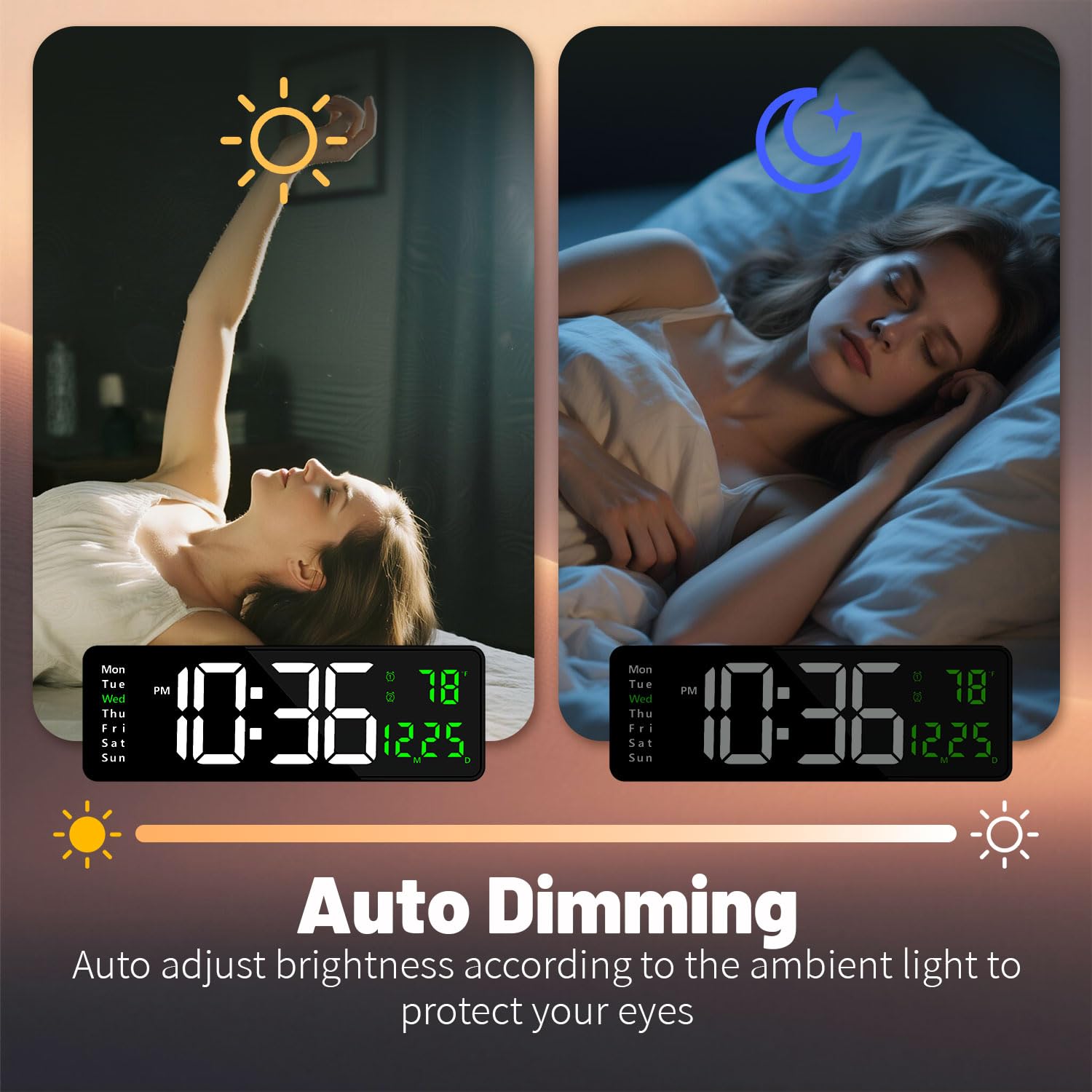 Orologio da parete digitale con luminosità automatica, grande display a LED, orologio silenzioso per soggiorno, camera da letto, cucina, orologio da parete silenzioso con temperatura data, orologio