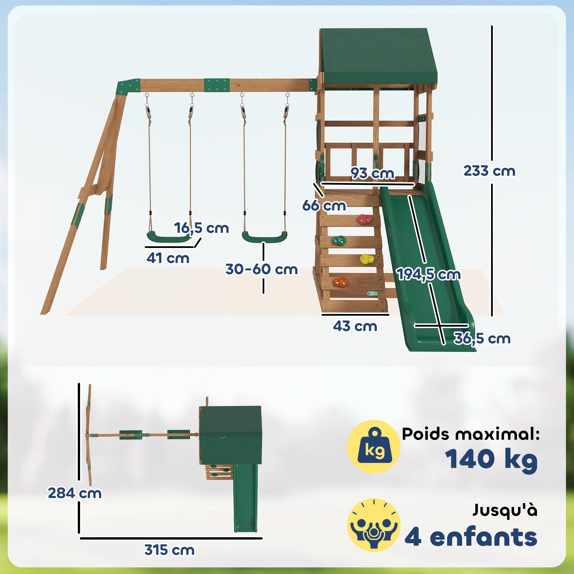 AIYAPLAY Aire de Jeux portique en Bois 2 balançoires Toboggan 3-8 Ans | Mur d'Escalade et Terrasse Couverte, Tour d'escalade pour enfants