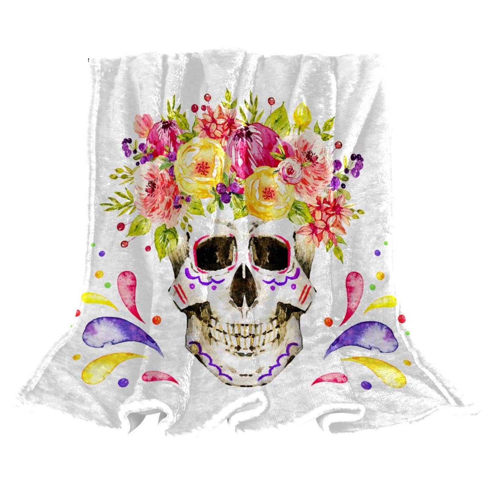 Couverture de lit crâne de fleur aquarelle en flanelle premium 150x100