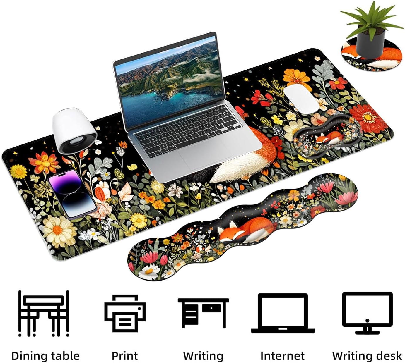 Keyboard Mouse Pad Set, Extended Gaming Mouse Pad+Ergonomics Keyboard Wrist Rest Support, Memory Foam, Easy Typing Pain Relief, 4Pcs XL Ultra Thick Desk Mat,Sleeping Fox in Starry Night