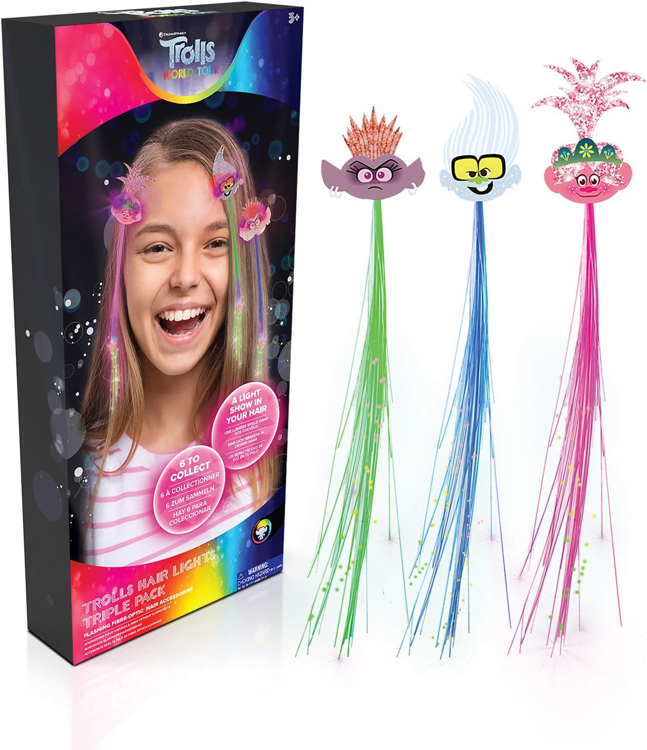 WOW! Stuff Collection Trolls World Tour Lights-3 Pack Fibre-Optic Hair Extensions