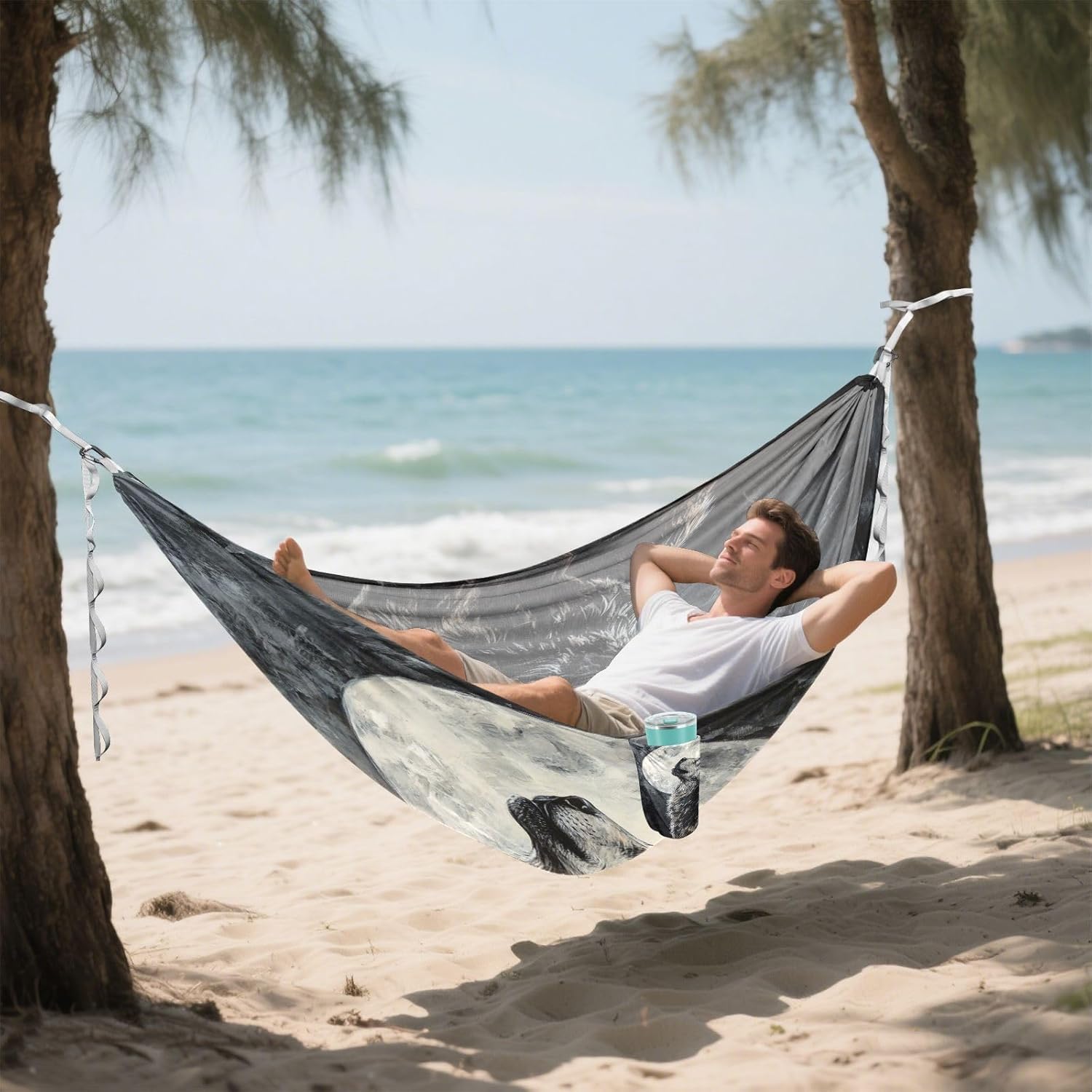 ALAZA Wolf Howling Under Moon Camping Hammocks Single or 2 Person 500 lbs Portable Parachute Travel Hammock w/Tree Straps for Hiking Backpacking Indoor Outdoor