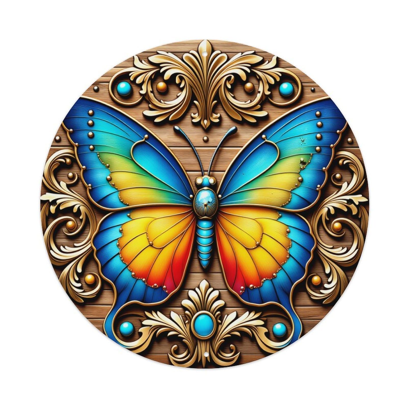 Butterfly Ornate Design Round Tin Sign Retro Metal Sign for Cafe Bar Pub Home Game Room Gym Club Wall Decoration Vintage Metal Poster 8x8 Inch