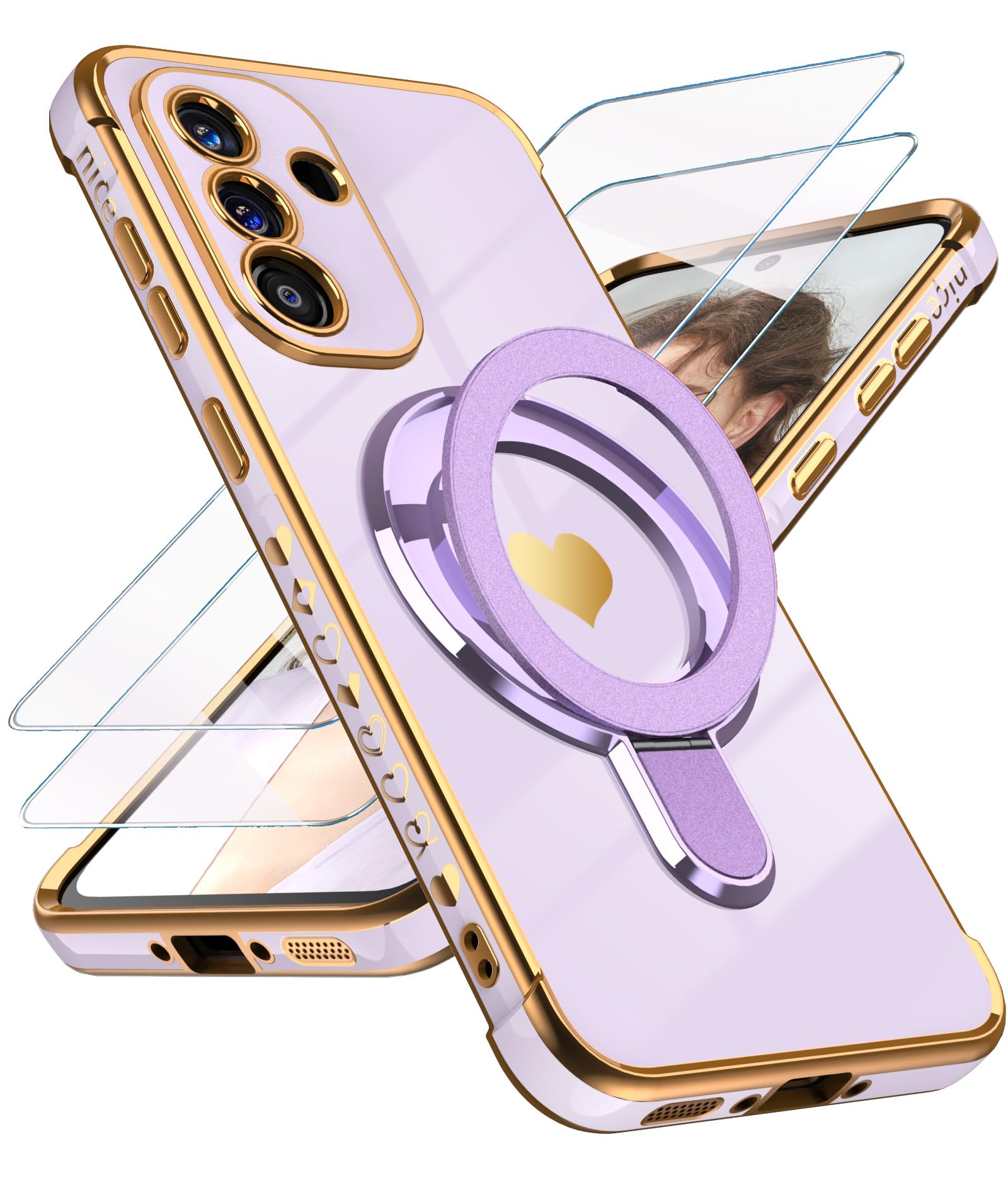 Liufcx for Samsung Galaxy A36/A56 5G Love Heart Kickstand Case with 2X Screen Protector: Luxury Plated Gold Edge Slim Soft TPU Shockproof Protection