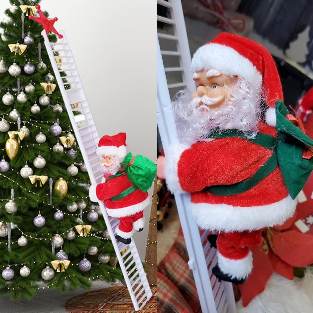 Huaxiangoh Electric Climbing Ladder Santa Claus with Music, Christmas Super Climbing Santa Plush Doll Toy Hanging Ornament Tree Indoor Outdoor Holiday Party Home Door Wall Decoration