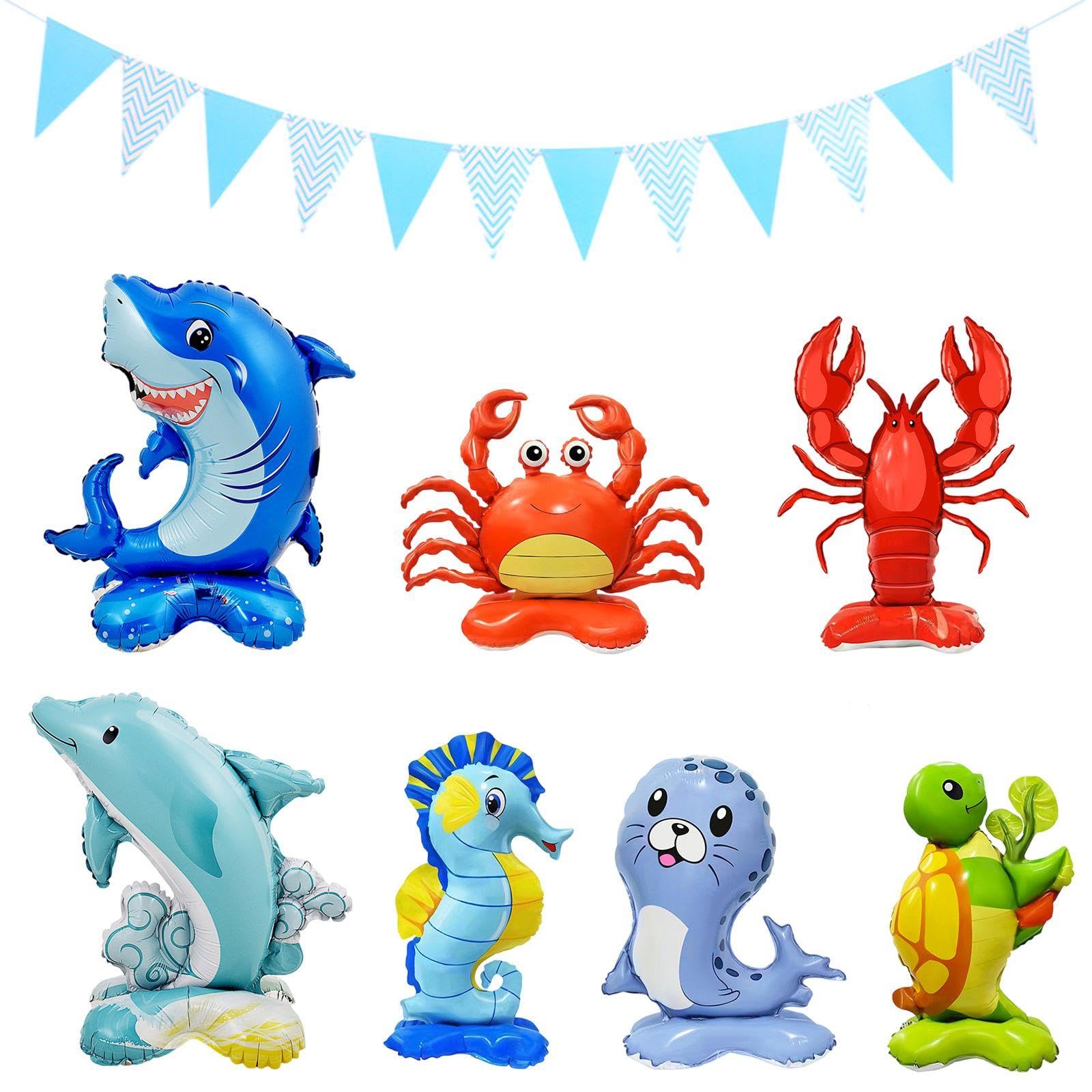 Ejufns Multicolor 7 Pieces Of Marine Animal Balloons And 1 Piece Of Triangle Flag, Cute Animal Balloons, Party Decorations, Creative Balloons.