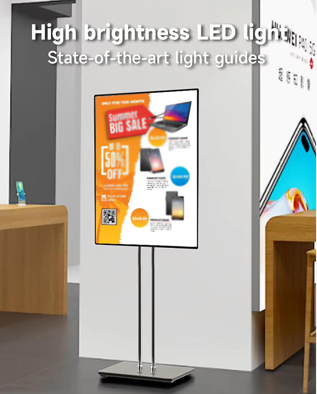 Floor Standing LED Light Box Billboard, Advertising Projecting Sign for Business Show, Adjustable LED Standing Sign Holder, LED Illuminated Display Sign Silver Frame 50 * 70cm