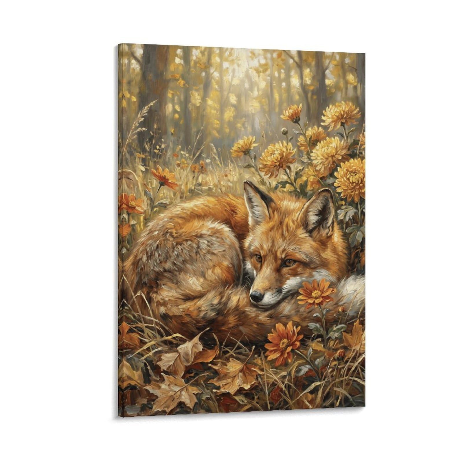 W7C8U2X3 Autumn Fox Flower Field Canvas Wall Art, Woodland Animal Wall Art
