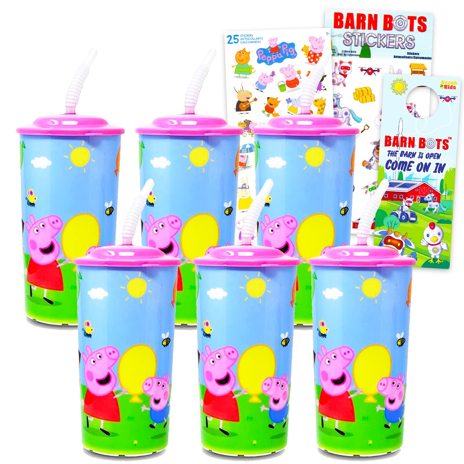 Reusable 16 oz Sipper Tumbler Cups 6 Pack - Peppa Pig Dinnerware Bundle with 6 Reusable Cups Plus Stickers for Girls and Boys