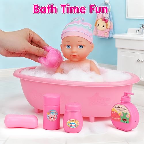 Miniatura 7 de Juego de cochecito de muñeca de bebé para niñas pequeñas de 3-5, 4, 6, 5-7, juego de muñecas con muñeca de 11 pulgadas, bañera y 20 accesorios para