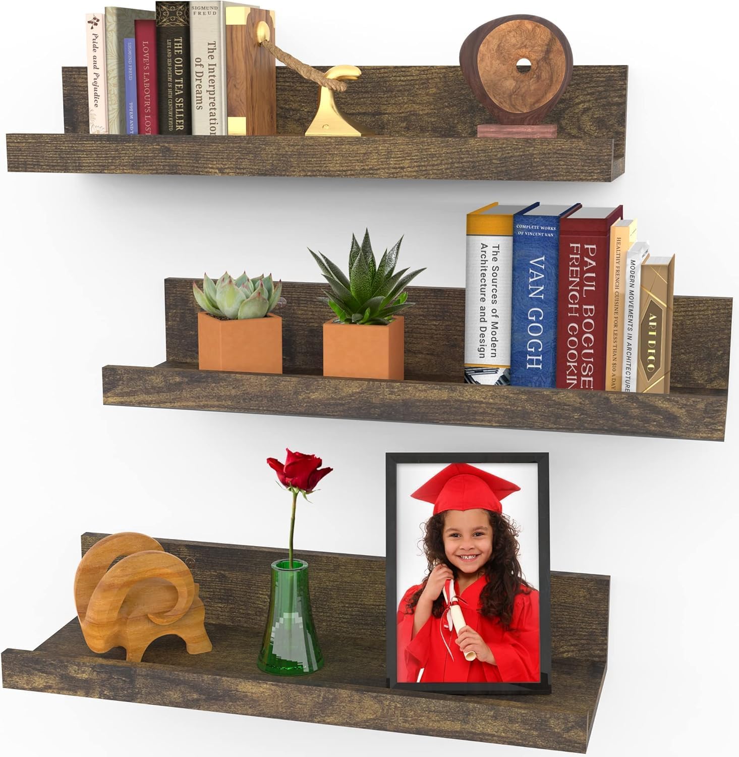 Wandrek van hout, set met 2 zwevende planken, 40 cm, wandplanken, houten planken voor woonkamer, werkkamer, badkamer en keuken