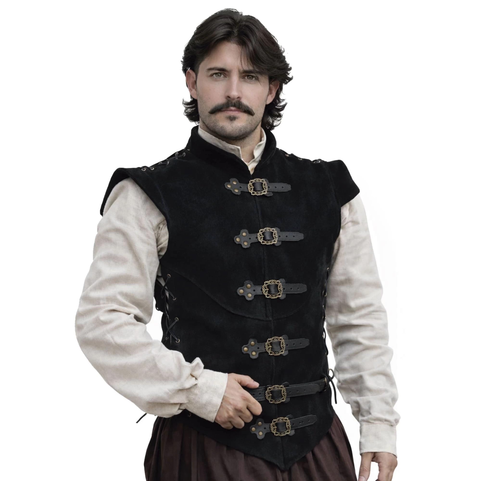 Diego Jerkin medieval de cuero dividido para hombre, túnica de cuero y chaleco de armadura, disfraz de pirata renacentista, chaleco sin mangas para feria y cosplay