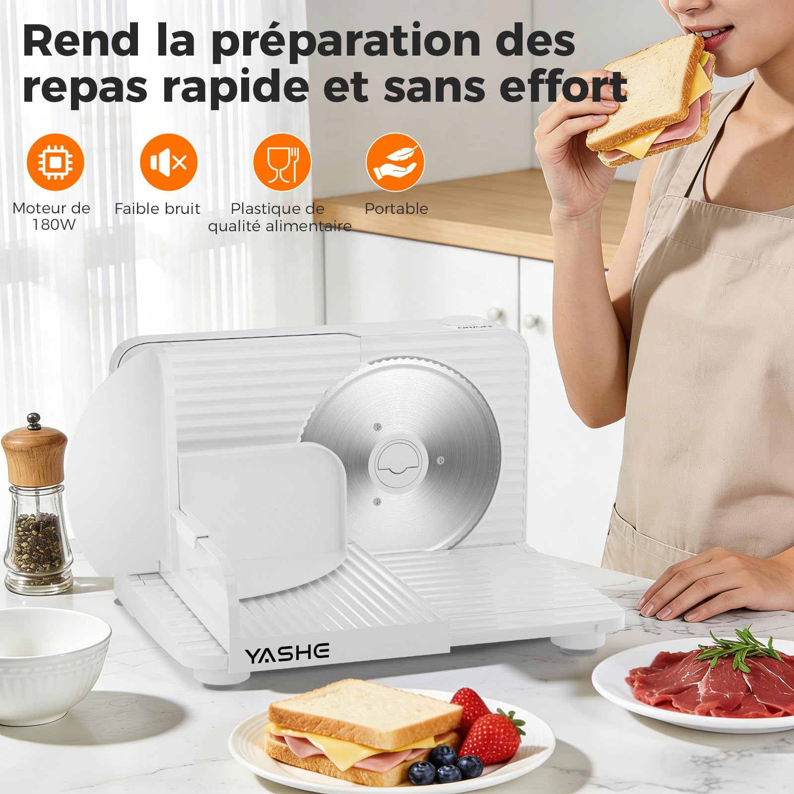 YASHE Trancheuse Électrique Pliable, 180W Trancheuse à Jambon, Lame Inox 17 cm, Épaisseur Réglable 0–15 mm, Compacte et Facile à Ranger pour Viande, Fromage, Pain, Légumes, Blanc