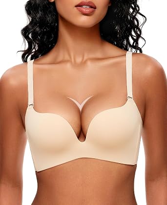 Upushall Womens Wireless Push Up Bra Seamless Padded Plunge No Underwire T Shirt Bras Comfort
