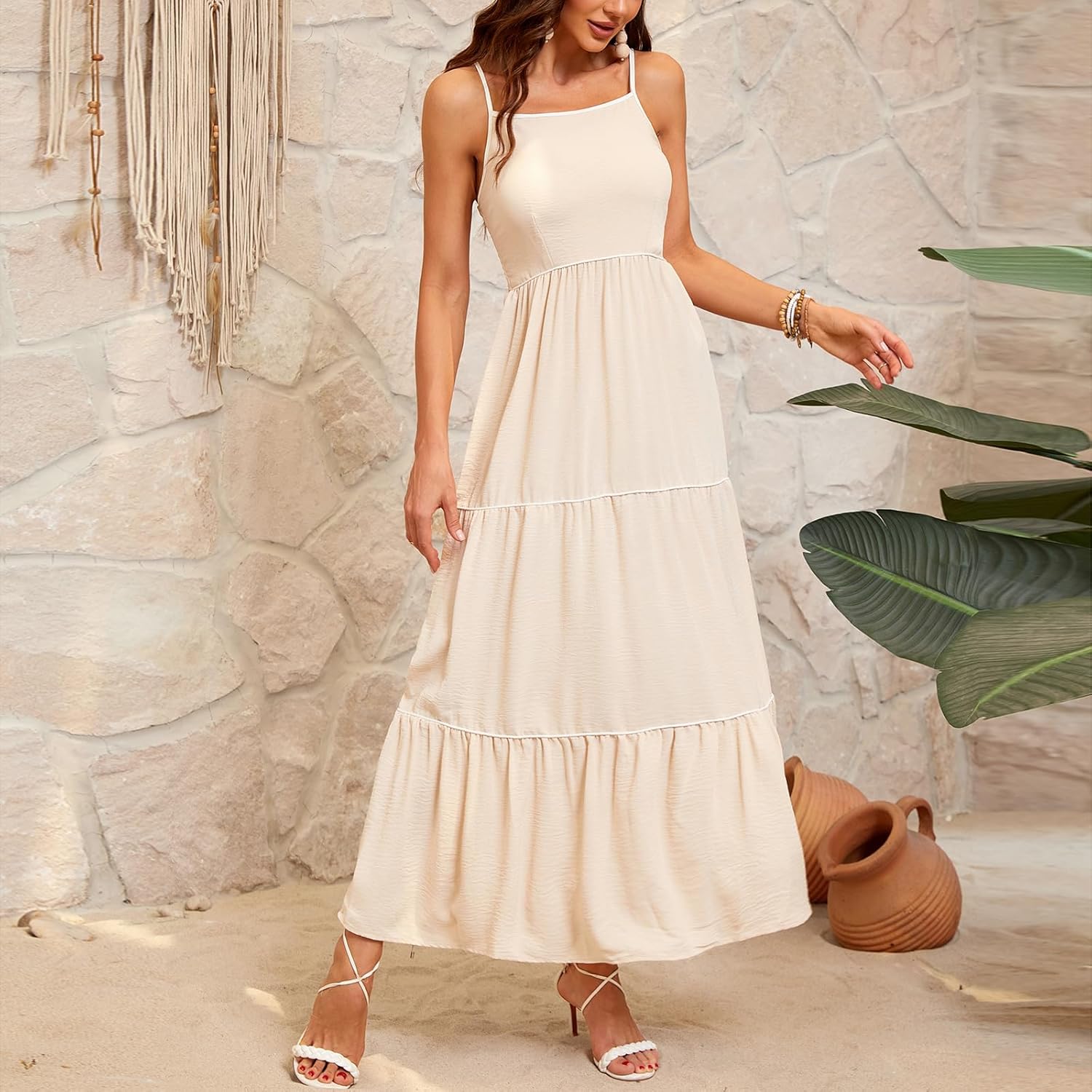 Women's Solid Color Sundress Summer Boho Square Neck Long Dress Spaghetti Strap Back Elastic A line Maxi Dresses - Image 4