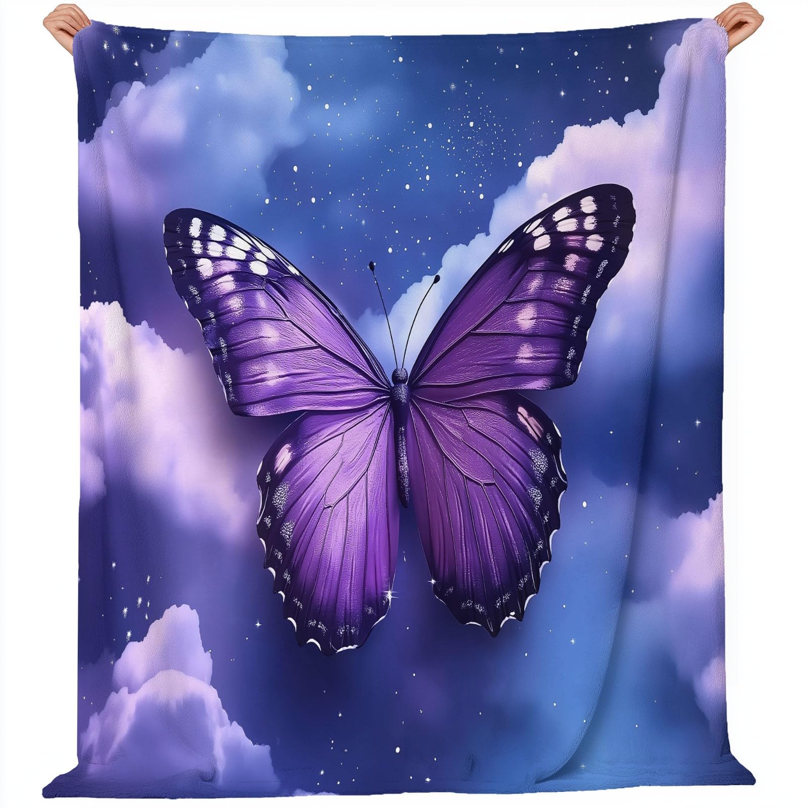 Coperta in pile di flanella 200 x 220 cm, Morbido e caldo, Motivo con Cielo Stellato Fantasy Farfalla, Coperta per camera da letto soggiorno ufficio, Viola