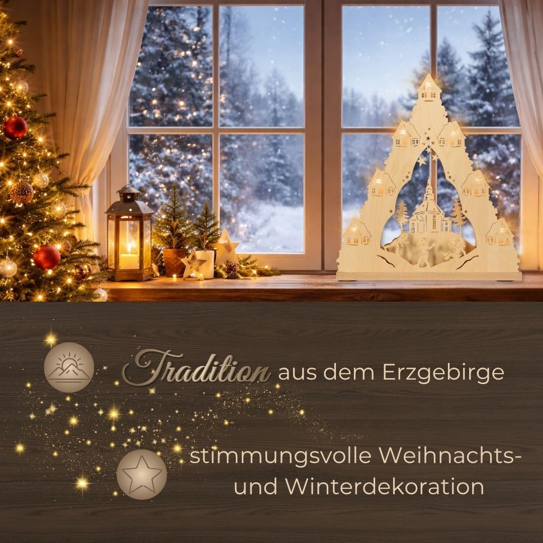 WEIGLA - Lichterspitze original Erzgebirge I Motiv Seiffener Kirche I LED Lichterbogen Weihnachten I 7 Lampenkerzen + 1 Ersatzlampe I 7 x 34 V, 0,2 W, E10 I beleuchtete Weihnachtsdeko innen I aus Holz
