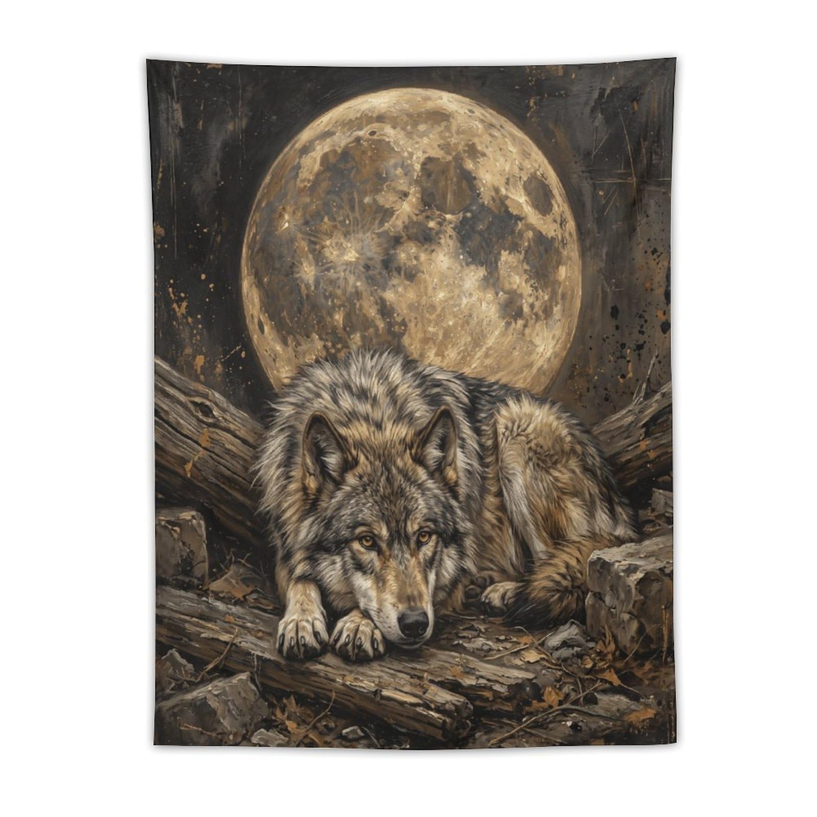 W7C8U2X3 Wolf Moon Woodland Wall Tapestry, Realistic Illustration
