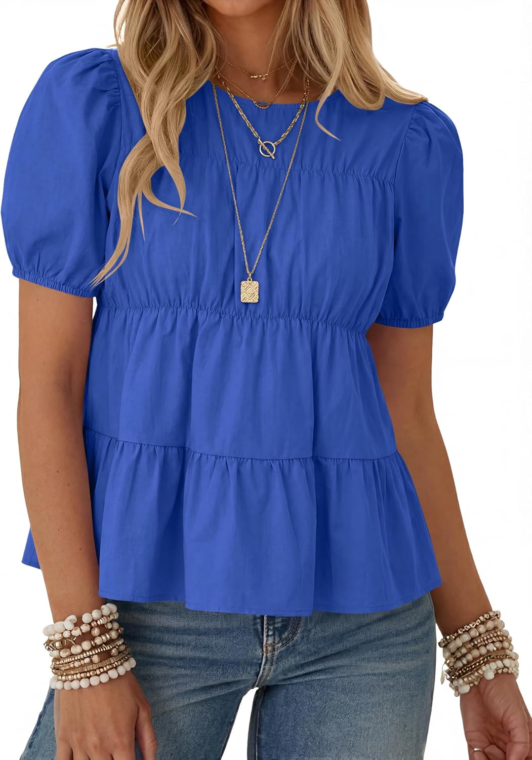 Rapbin Womens Puff Short Sleeve Babydoll Tops Summer Peplum Pleated Cotton T Shirts Casual Loose Fit Flowy Blouses