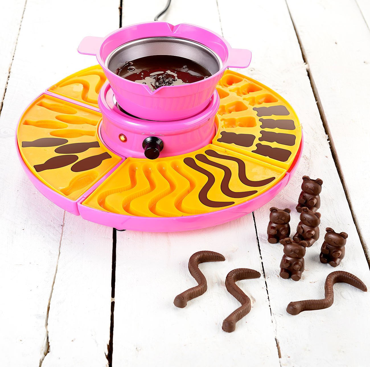 Rosenstein & Söhne Macchine per zucchero filato - set fontana cioccolato: macchina per orsetti gommosi e maker di cioccolatini, incluso set di stampi in ghisa, 25 Watt (macchina per caramelle gommose)