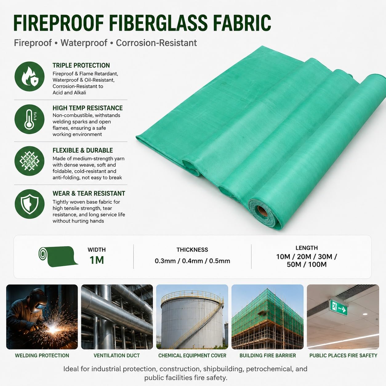 Cortinas de Soldadura Industrial Manta de Soldadura de Fibra de Vidrio Manta de soldadura ignífuga, impermeable, ignífuga, protección solar para equipo(Size:1X20m/3.2ftX65.6ft,Color:Thickness: 0.3 mm)