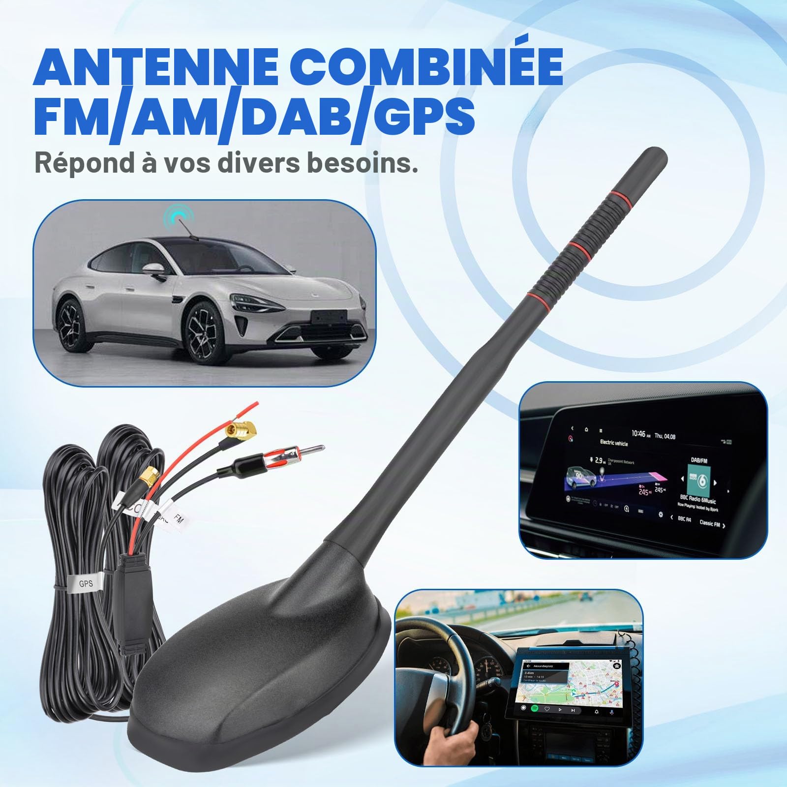 Eightwood Antenne Radio Voiture Dab+FM GPS Câble 5m Connecteurs SMB/SMA/DIN
