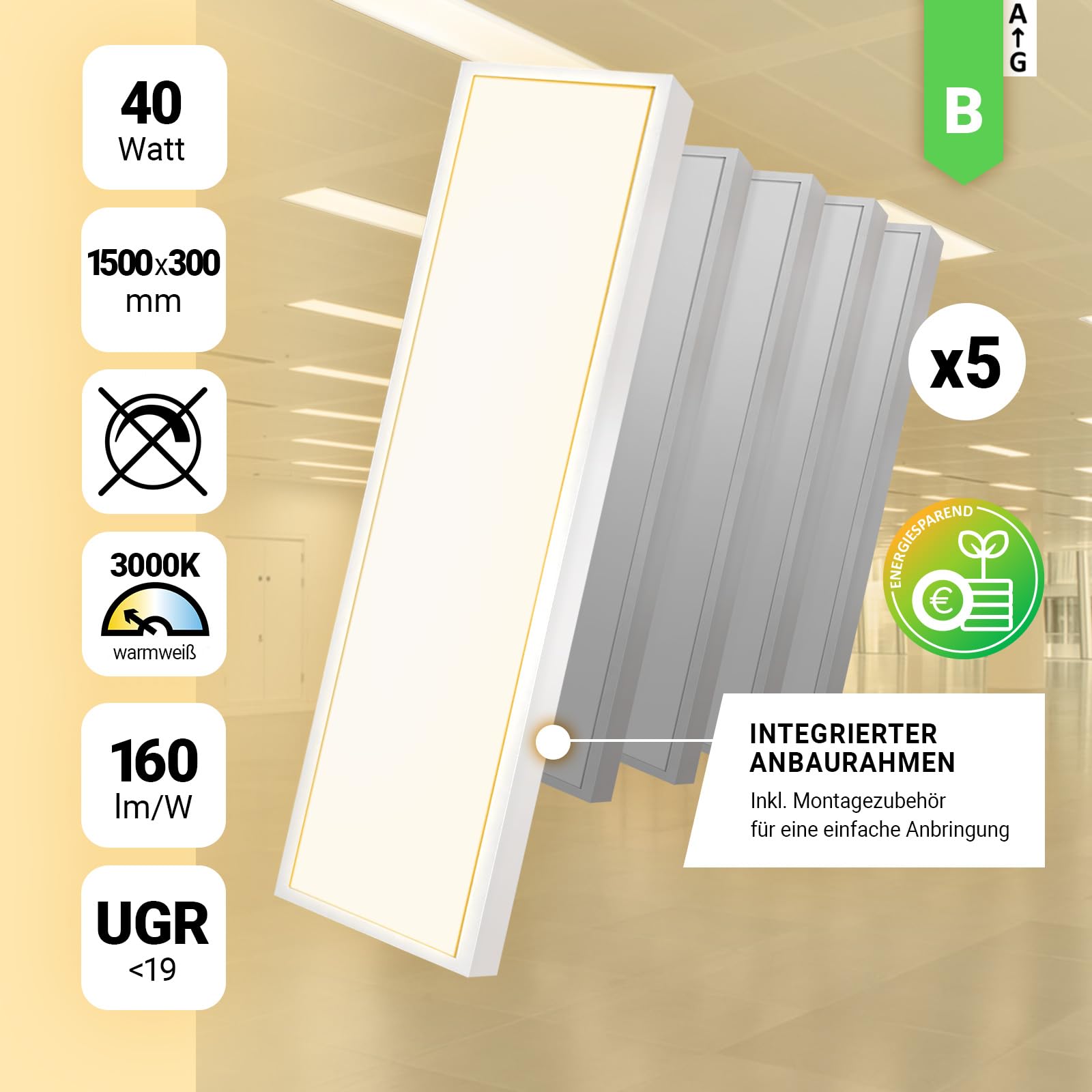 LED Anbaupanel 150x30cm 3000K Warmweiß UGR19 6400lm 40W Bürodeckenleuchte Aufputz Rasterleuchte