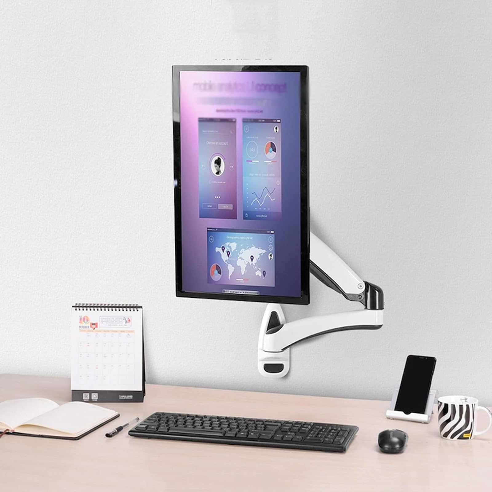 Monitor Mount Long Arm Monitor Stand Mechanical Spring Single Monitor Stand Mount 12"-27" Wall Mount Monitor Stand Arm, Holds 7.7 to 16.5 L(White-One Arm