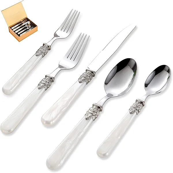 CATHYLIN 20 pieces Stainless Steel Vintage Flatware Sets With White Hanld,Silverware Set For 4,Dishware Safe(20, White)