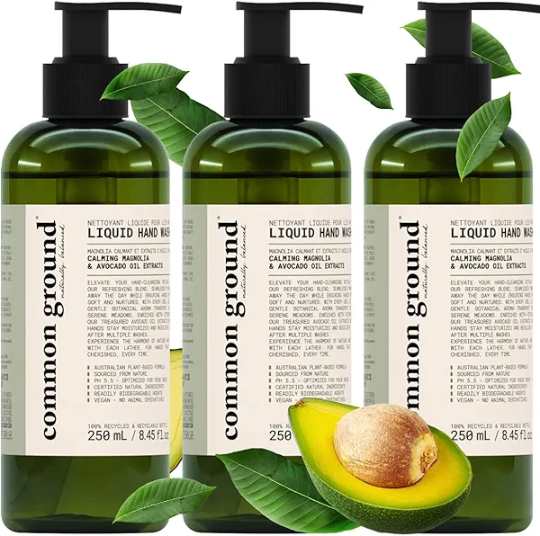 COMMON GROUND Natural Hand Wash Soap - Paraben & Cruelty Free - Daily - Vegan, Plant-Based, Avocado Oil - For All, Men, Women, Eczema, Sensitive Skin 8.4 Fl Oz (3 Pack)