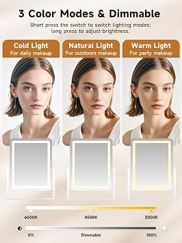 Vanity Mirror with Lights 31 x 37 cm, Dimmable Dressing Table Mirror with 3 Color Modes, 10x Magnifying Mirror, USB-C Powered, 180° Rotation, LED Makeup Mirror for Bedroom, White