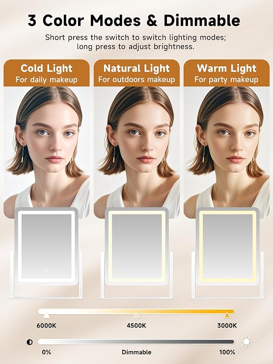 Vanity Mirror with Lights 31 x 37 cm, Dimmable Dressing Table Mirror with 3 Color Modes, 10x Magnifying Mirror, USB-C Powered, 180° Rotation, LED Makeup Mirror for Bedroom, White