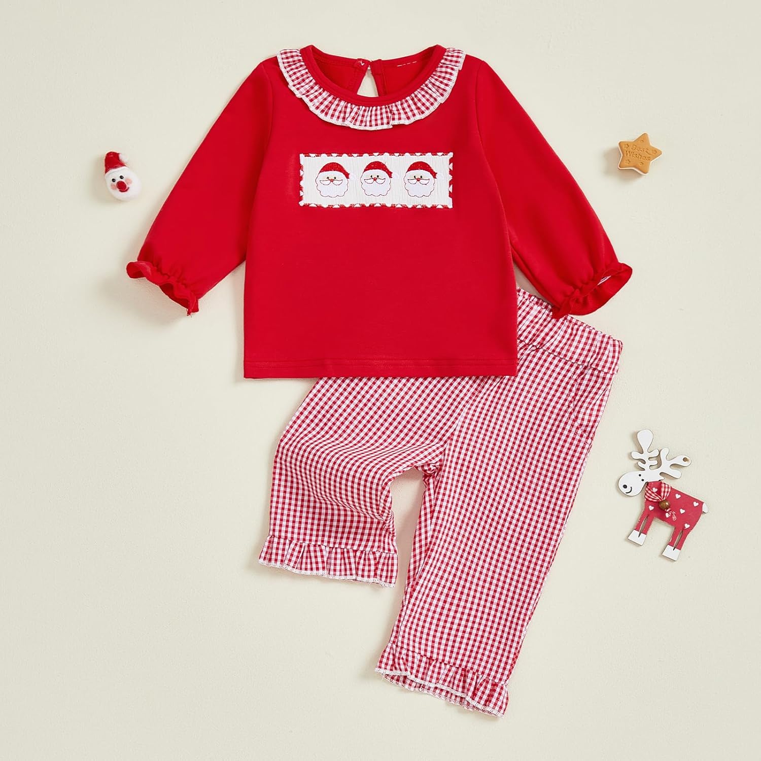 Karuedoo Toddler Baby Girl Christmas Outfit Santa Embroidery Smocked Long Sleeve Ruffle Shirt Top Plaid Pants Set - Image 3