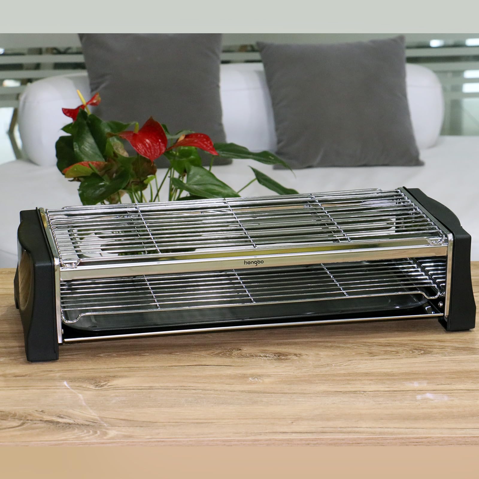 HengBo Barbacoa Eléctrica Sin Humo, Barbacoa de Mesa de Doble Capa Parrilla Barbacoa con Bandeja de Goteo, Termostato Ajustable, Superficie 46,5 x 20,5 cm, 2200W, Negro
