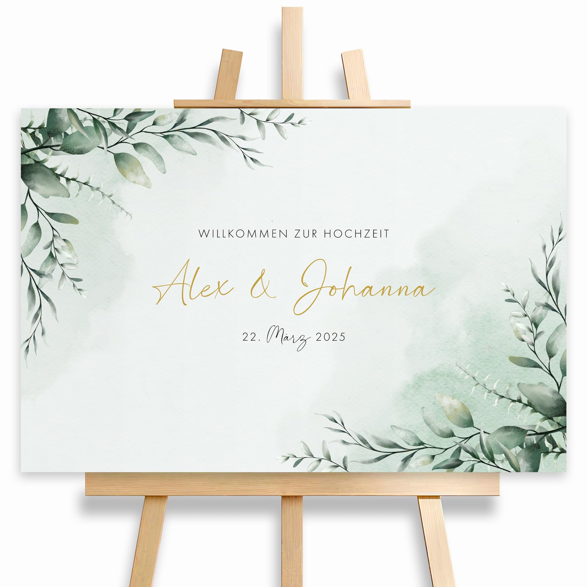 Willkommensschild Hochzeit Eukalyptus Gold mit Datum und Namen, personalisierte Hochzeitsdeko, Aufsteller Willkommen Schild, Grün, Leinwand, 60x40