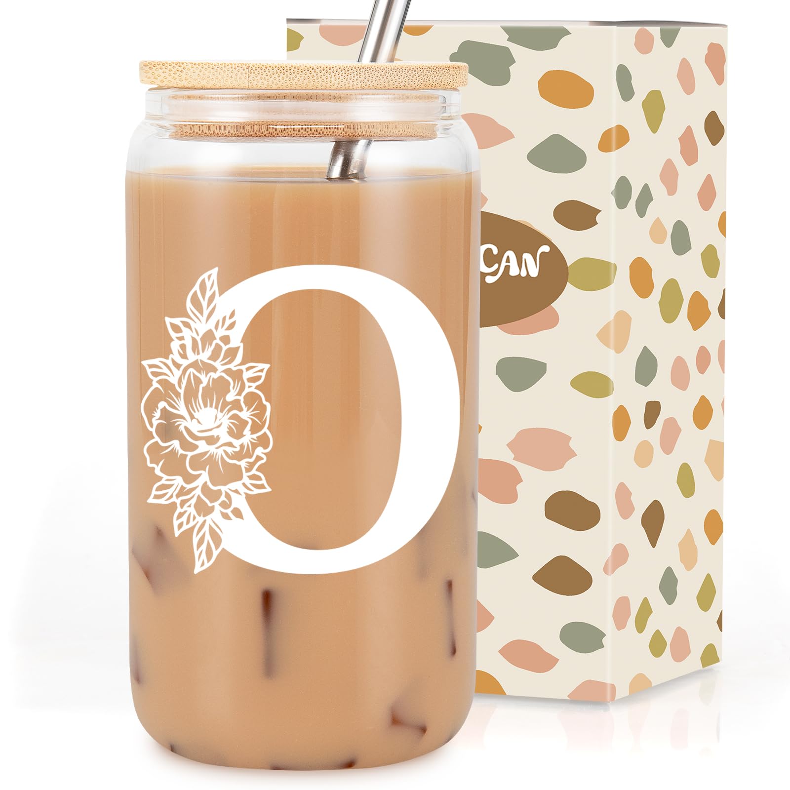 Coolife Initial Glass Cup, Monogrammed Gifts for Women, 16 oz Tumbler w/Lid