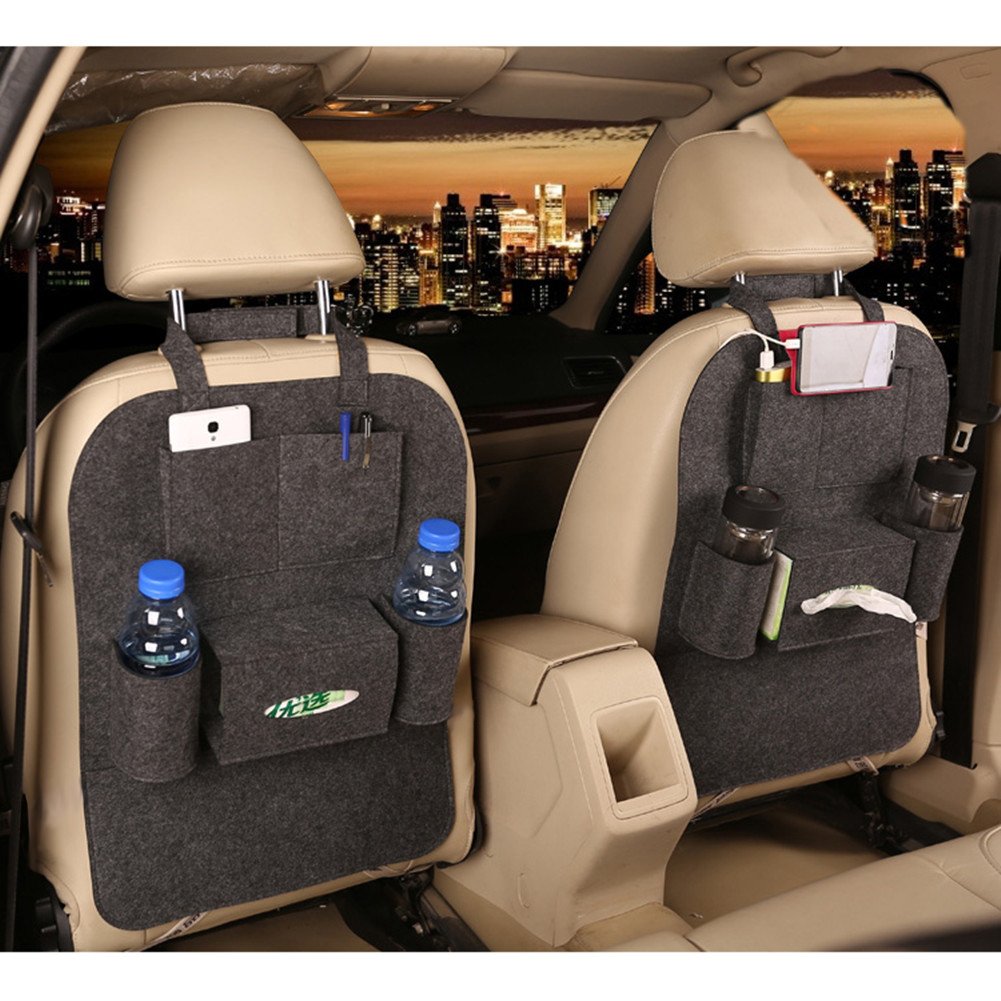 M'Baby 1pc Seat Back Car Organizer Woolen Felt Seat Back Kick Protectors for Kids, Storage Bottles, Tissue Box, Toys (Dark Grey)