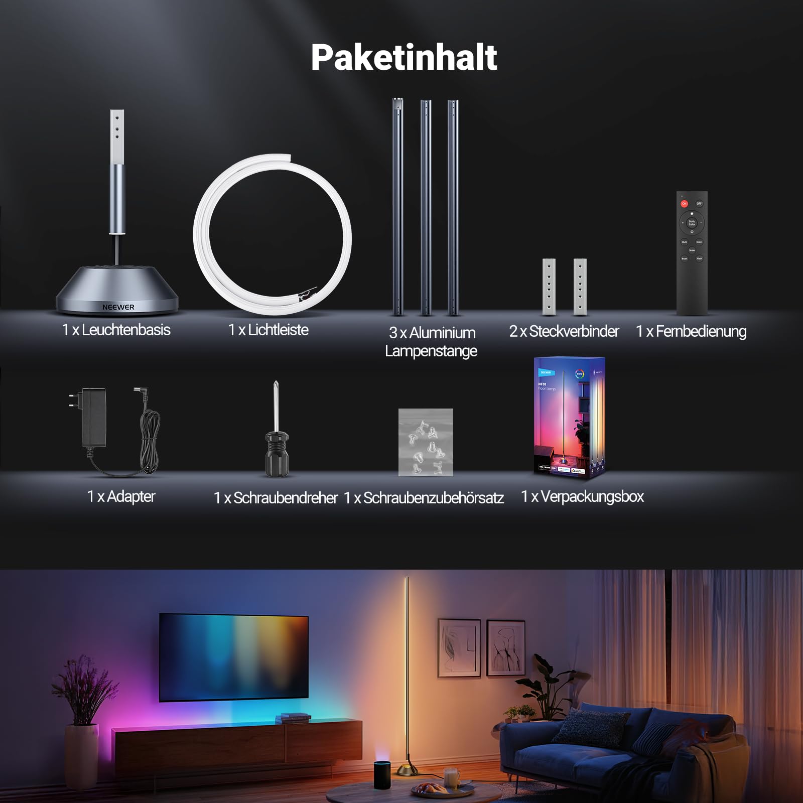 NEEWER Smart RGB IC W Stehlampe, 1500lm LED Eckleuchte kompatibel mit Alexa Google, APP Steuerung/AI DIY/Musiksynchronisation/16 Millionen Farben, Licht für Wohnzimmer Schlafzimmer Dekor, NF01