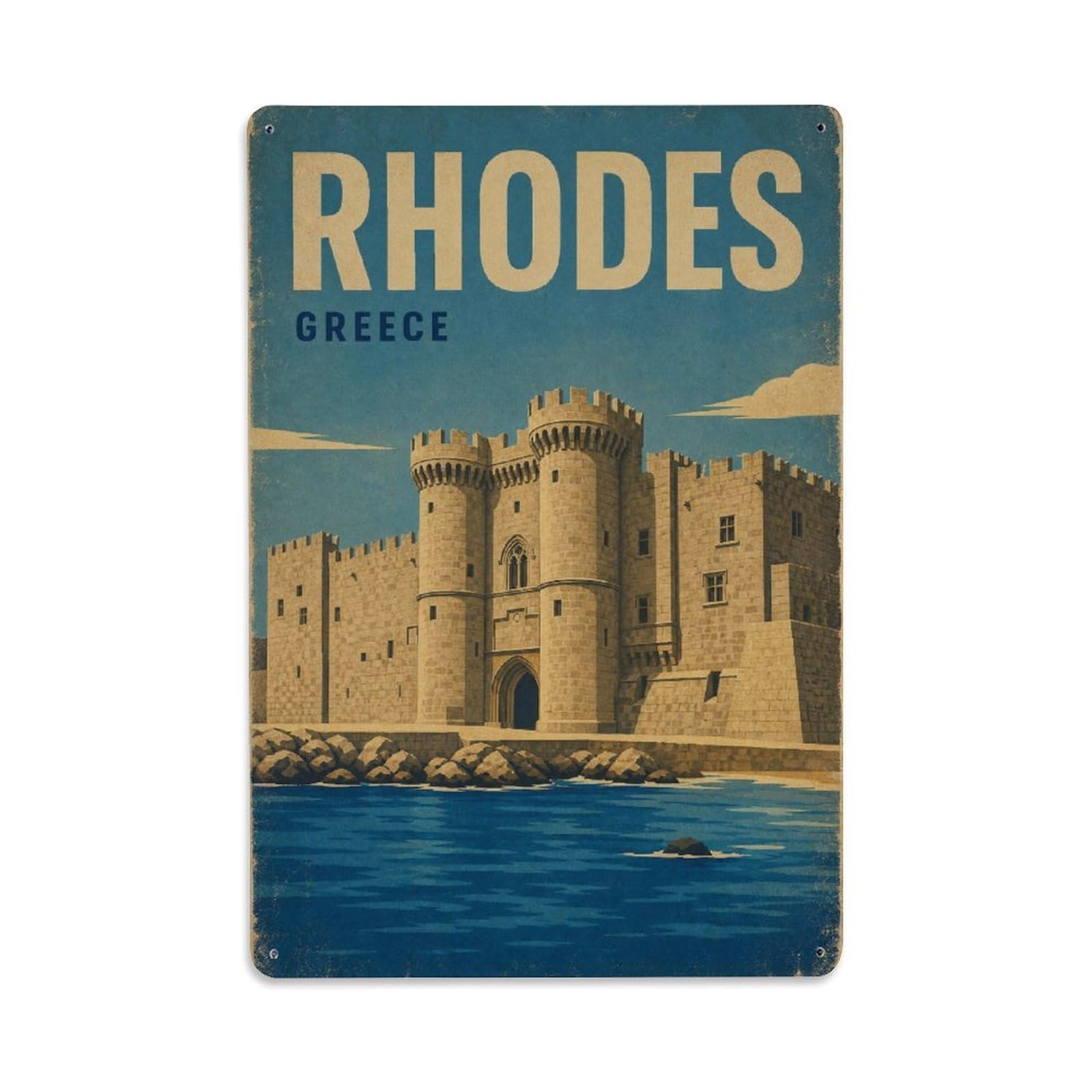 Travel Vintage Greece Rhodes Metal Tin Sign Plaque Wall Decor for Cafe, Club Bar, Office, Garden Metal Poster 8x12Inch