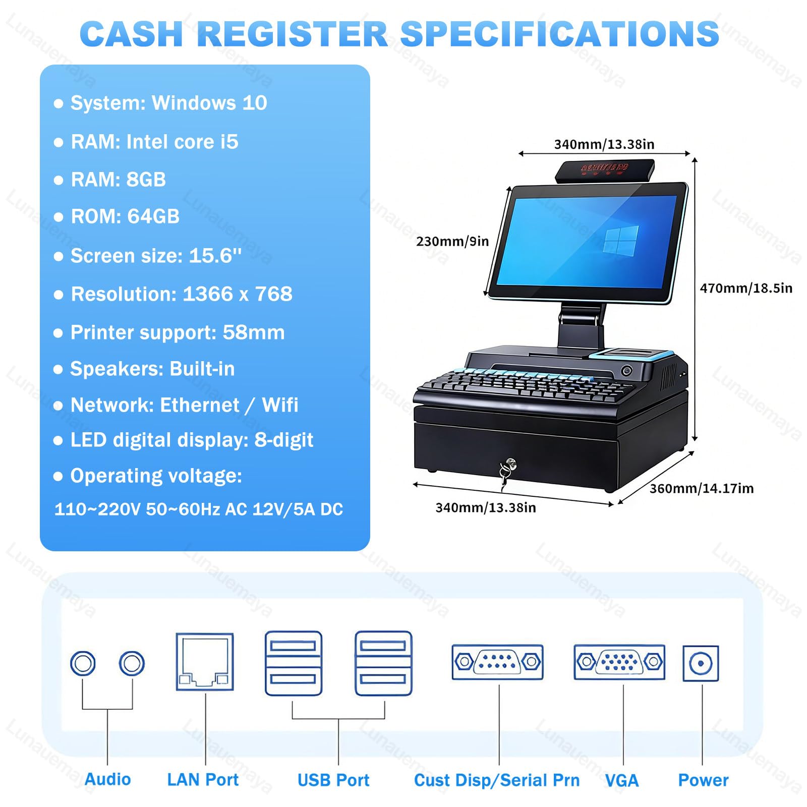 Caja Registradora Windows-10, CPU-I5, 8GB RAM, 256GB SSD, Sistema-TPV Comercial Todo en Uno con Pantalla Táctil de 15.6", Cajón Portamonedas, Impresora y Escáner, Terminal TPV Comercial White